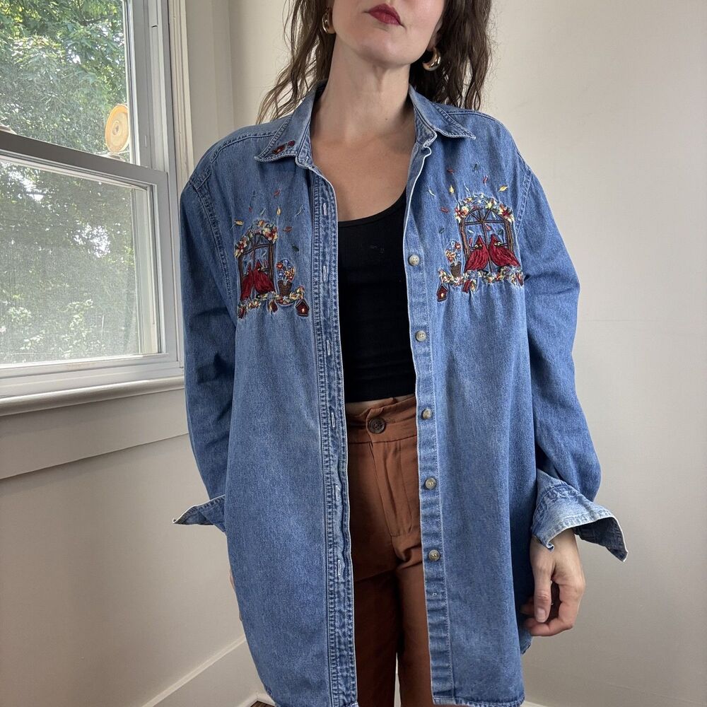 Vintage Debbie Brooks Embroidered Cardinal Birds Denim Button Up Shirt, XL